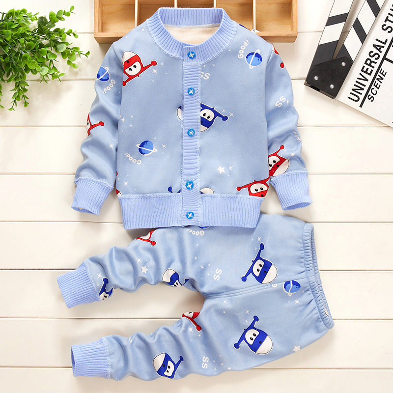 Two Piece Cartoon Baby Children's Clothing Plus Cashmere Sweater