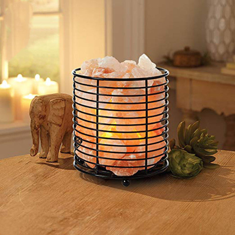 Cylindrical iron container crystal salt lamp