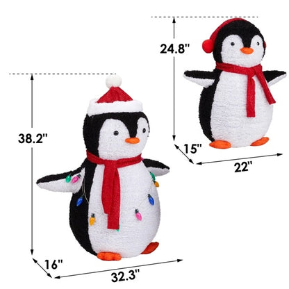 2-Piece Lighted Plush Penguins Christmas Yard Decorations, Set Of 2