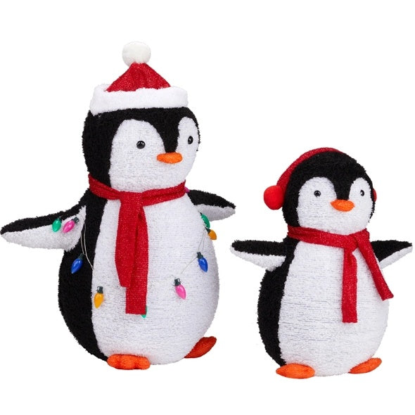 2-Piece Lighted Plush Penguins Christmas Yard Decorations, Set Of 2