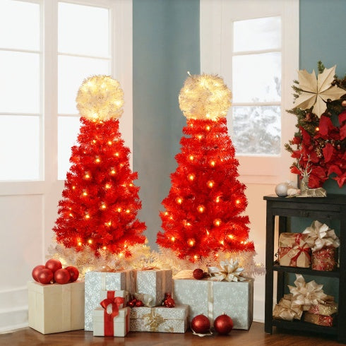 Santa Hat Christmas Tree Set (2pcs, 4ft) with LED Lights