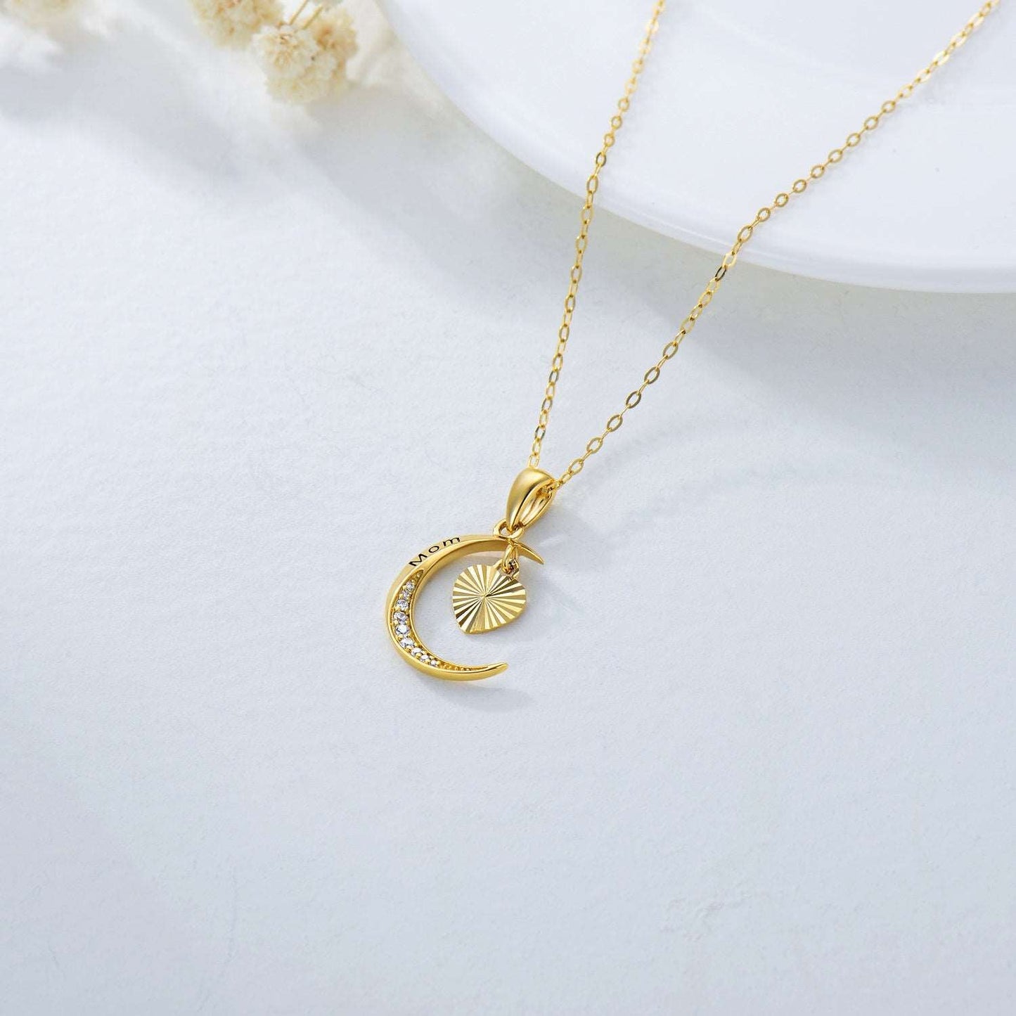 14K Gold Moon Heart Dainty Necklace