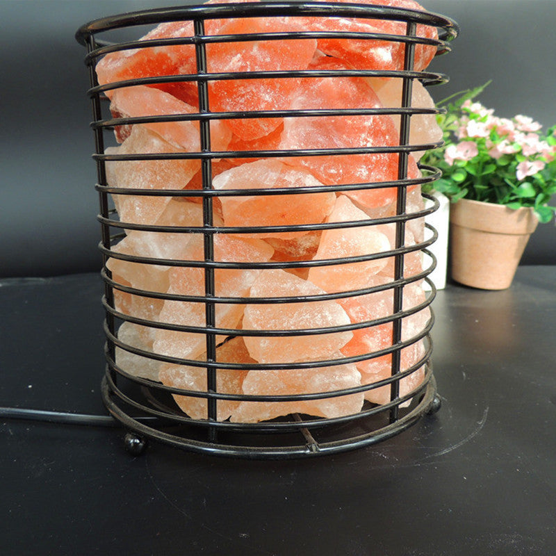 Cylindrical iron container crystal salt lamp