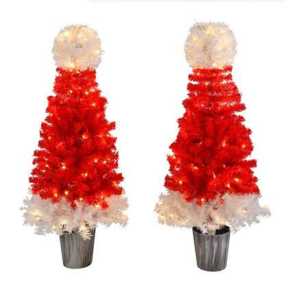 Santa Hat Christmas Tree Set (2pcs, 4ft) with LED Lights