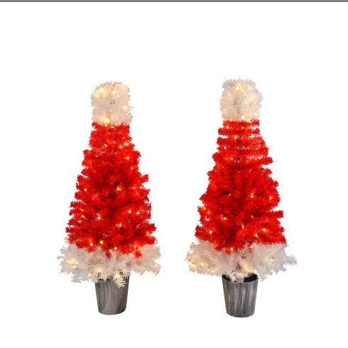 Santa Hat Christmas Tree Set (2pcs, 4ft) with LED Lights